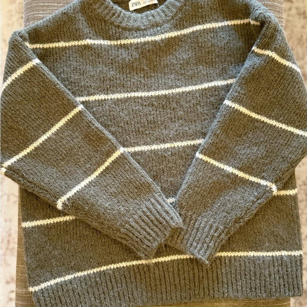 Kids striped knit sweater / green with White Stripes